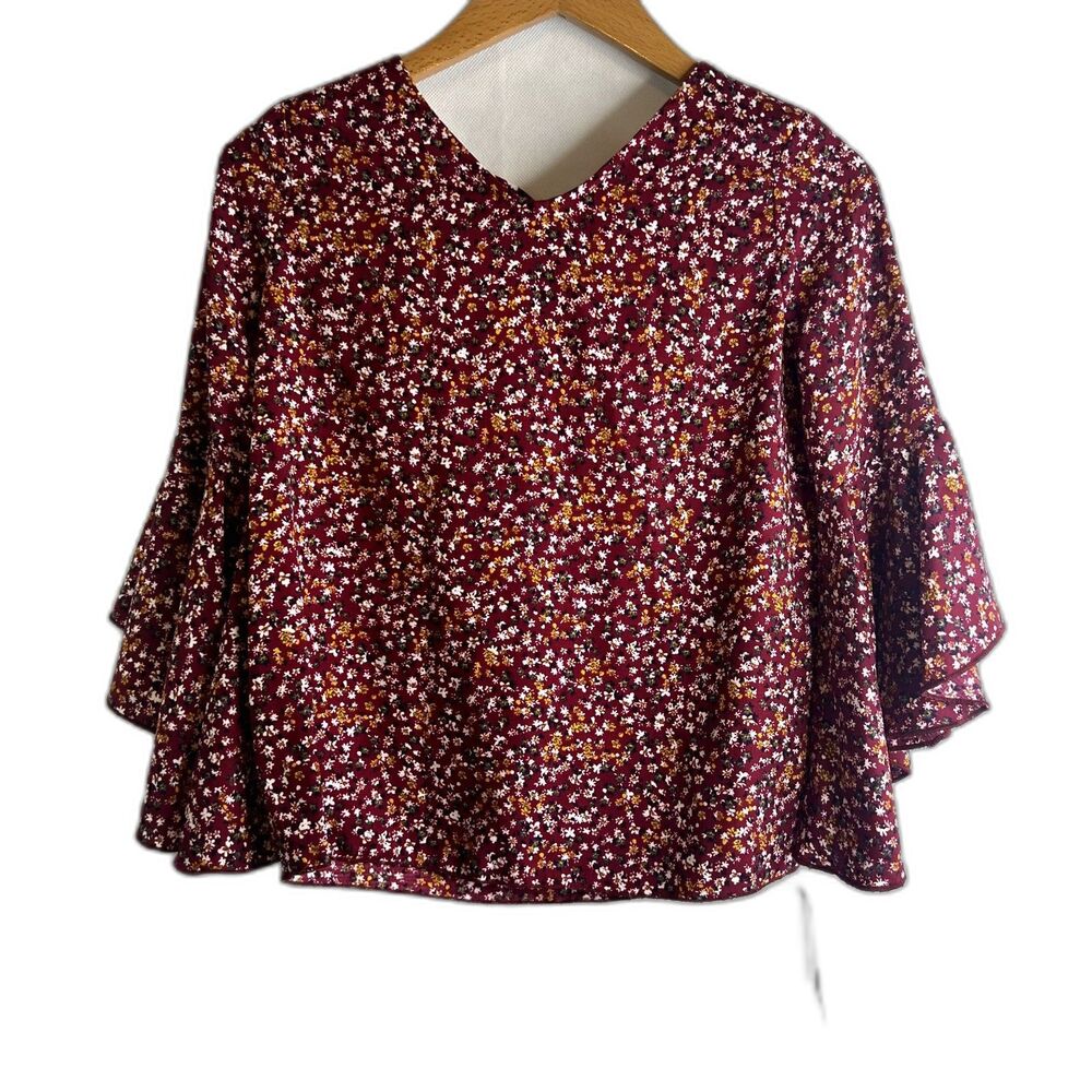 By Heart By NWT Red Floral Print Bell Sleeve Peasant‎ Blouse GIRLS Size L/14